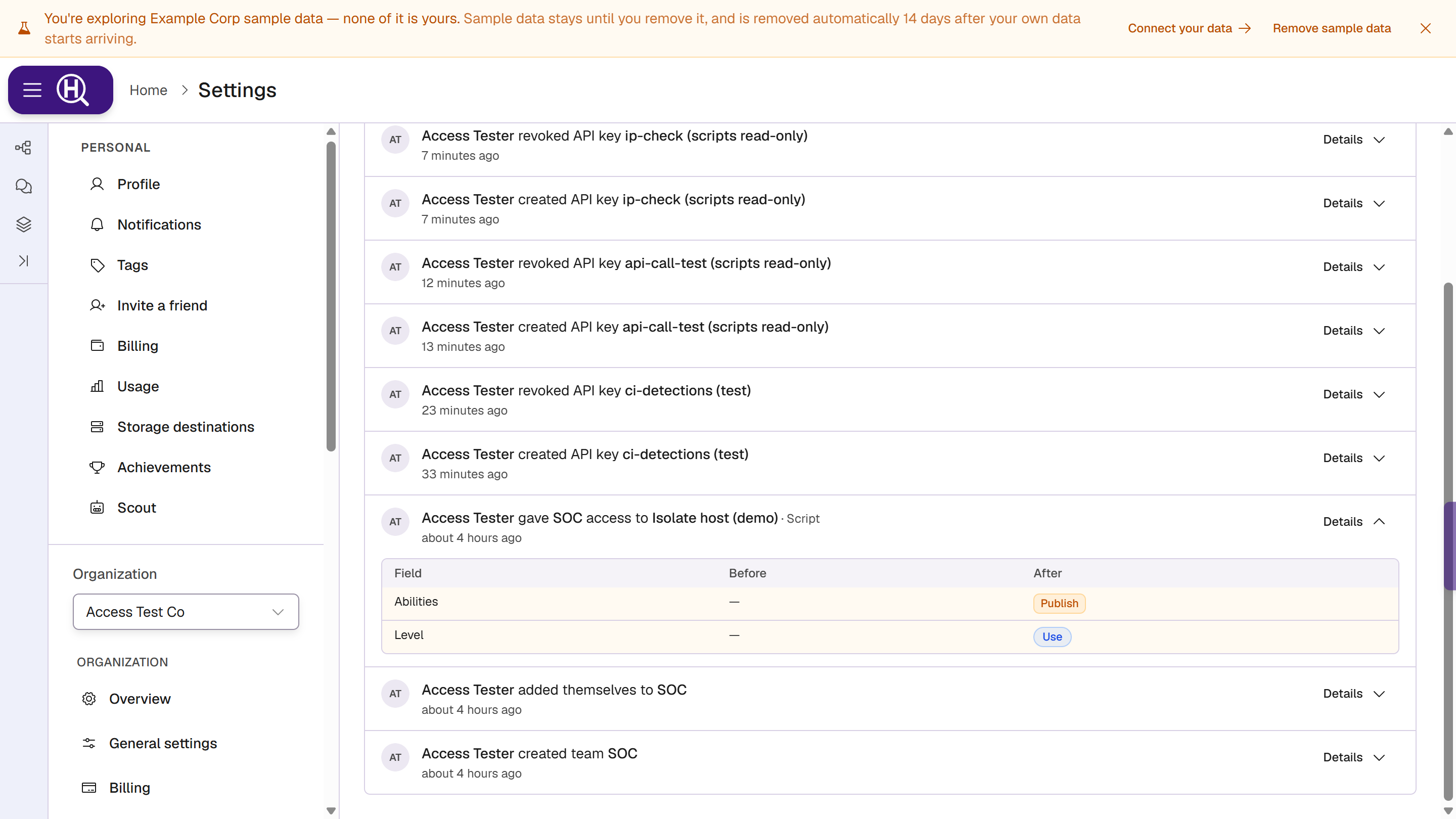 Access log with the Actor, Resource, Action, From and To filters and recent key, sharing and team changes, one expanded to show Abilities: Publish and Level: Use