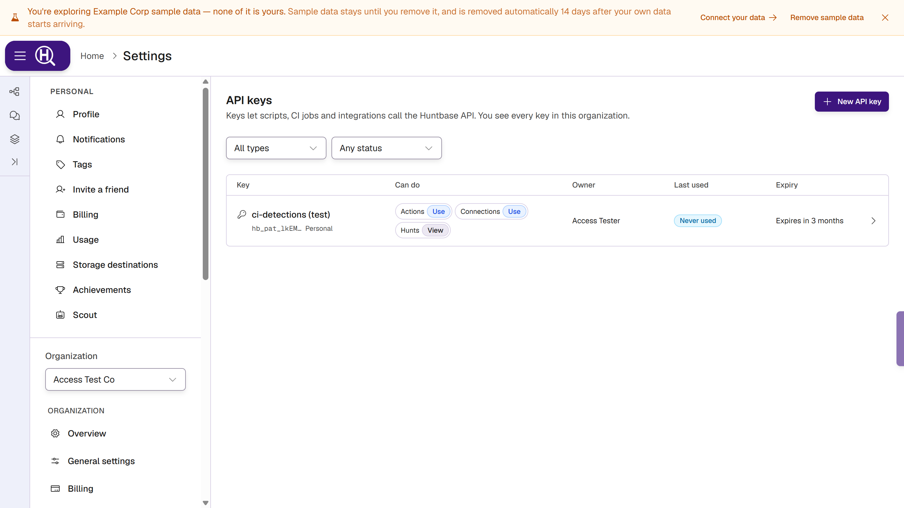 API keys page with the type and status filters and a personal key that can use Actions and Connections and view Hunts, marked Never used