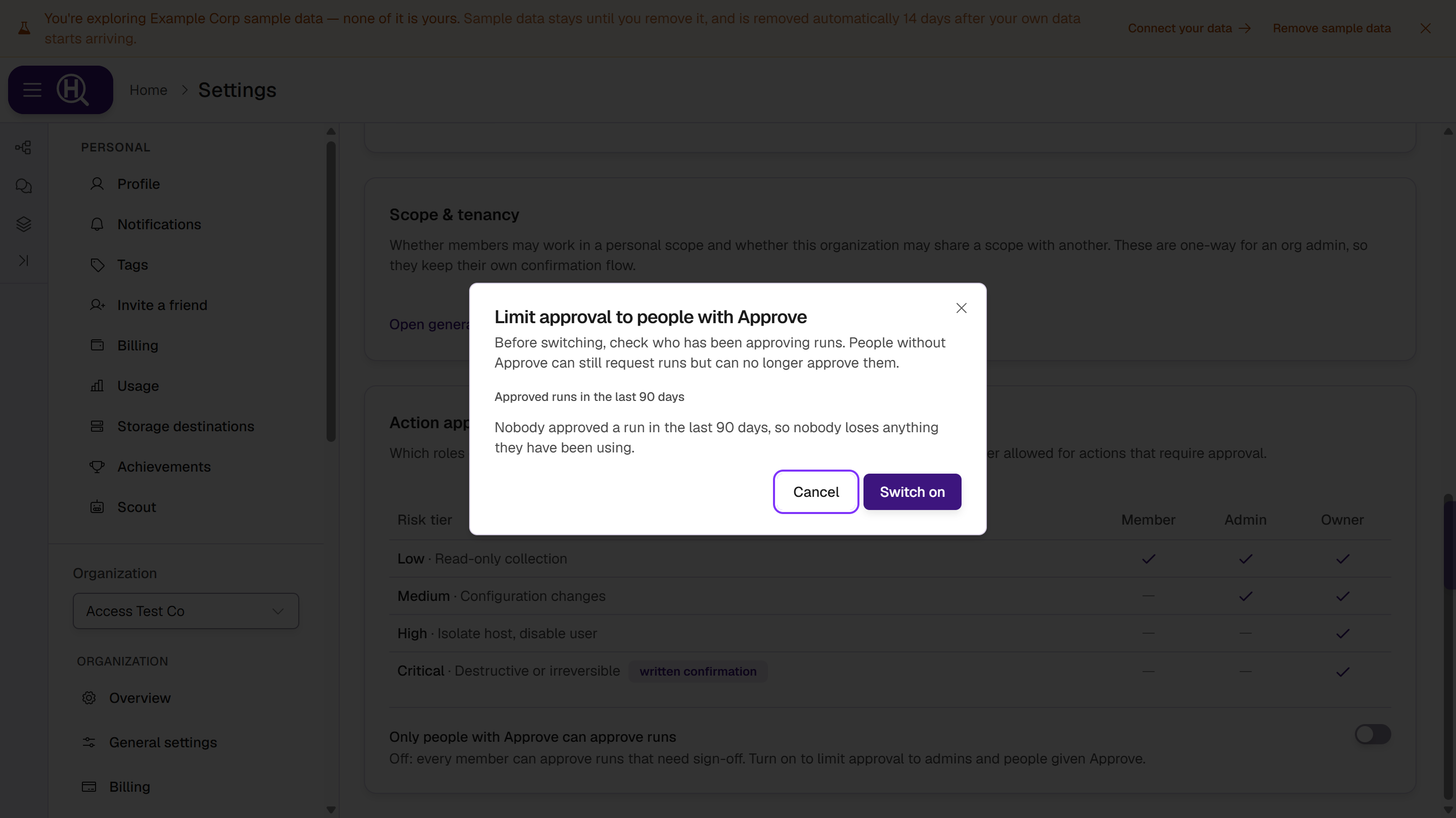 Limit approval to people with Approve: the pre-switch check, here with nobody having approved a run in the last 90 days