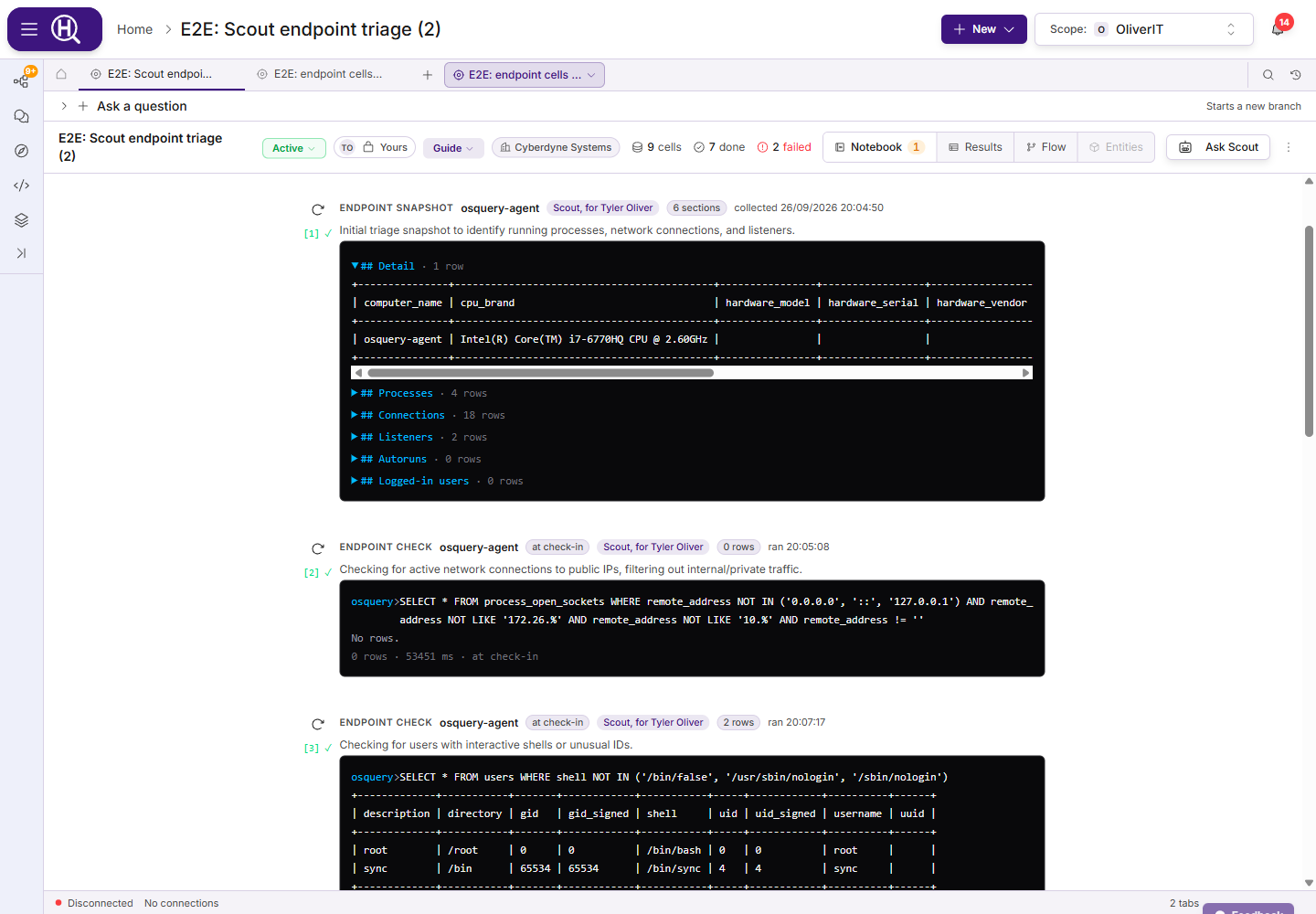 A hunt notebook with an Endpoint snapshot cell on osquery-agent (Detail section open, the other sections collapsed) followed by two Endpoint check cells, each showing its osquery statement and results
