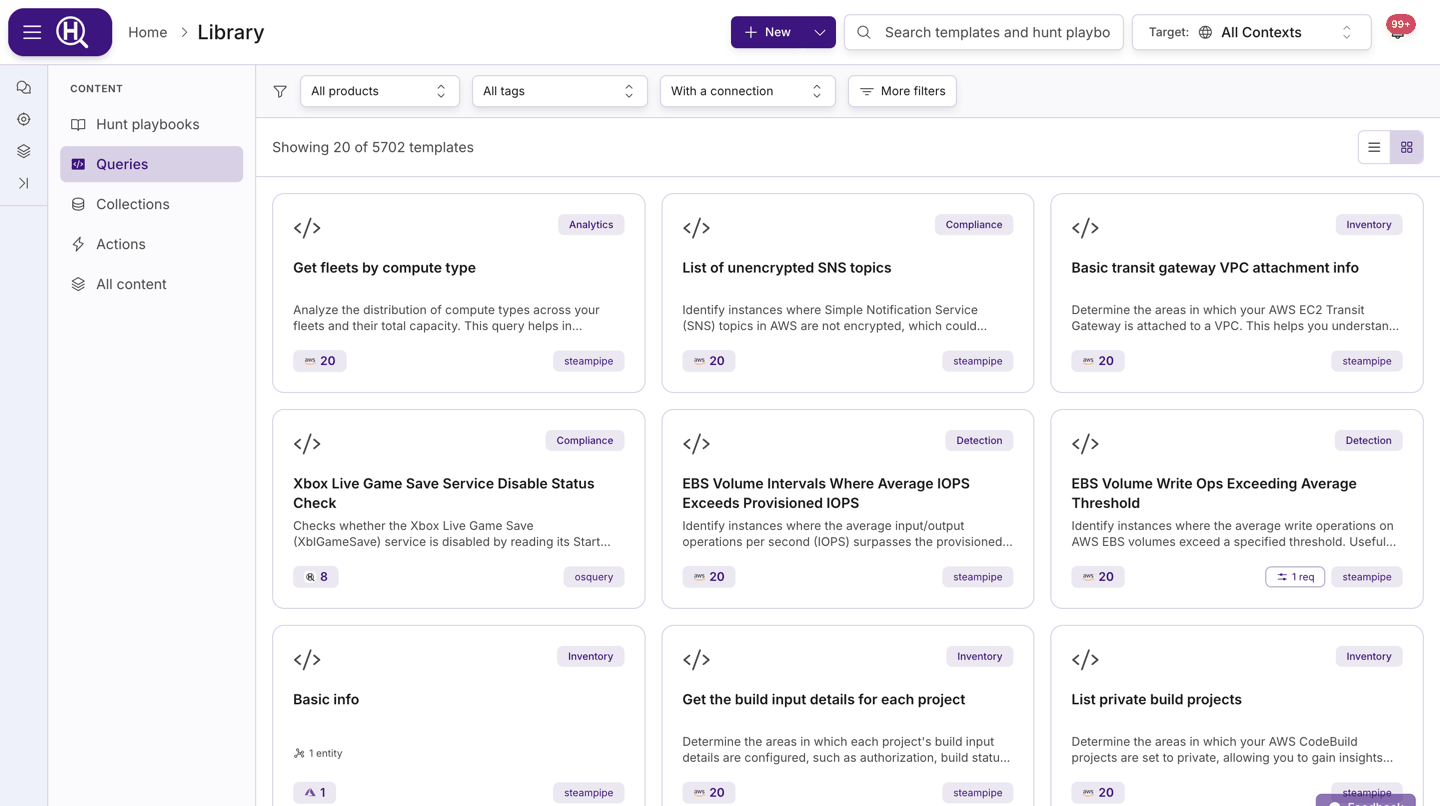 Library on the Queries facet: facet rail, filter chips, template cards