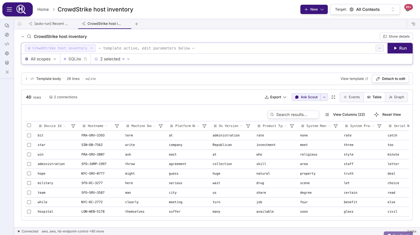 Table view with the time histogram, view switcher, Search results box, View Columns and Export controls