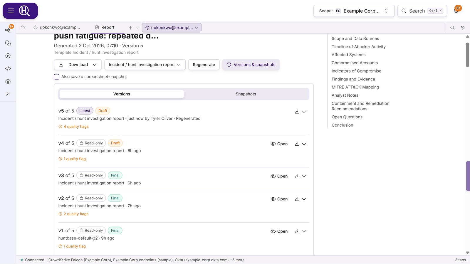 The Report tab with Versions &amp; snapshots open: v5 of 5 marked Latest and Draft, Regenerated by an analyst just now, and v4 to v1 marked Read-only, each with Open and download