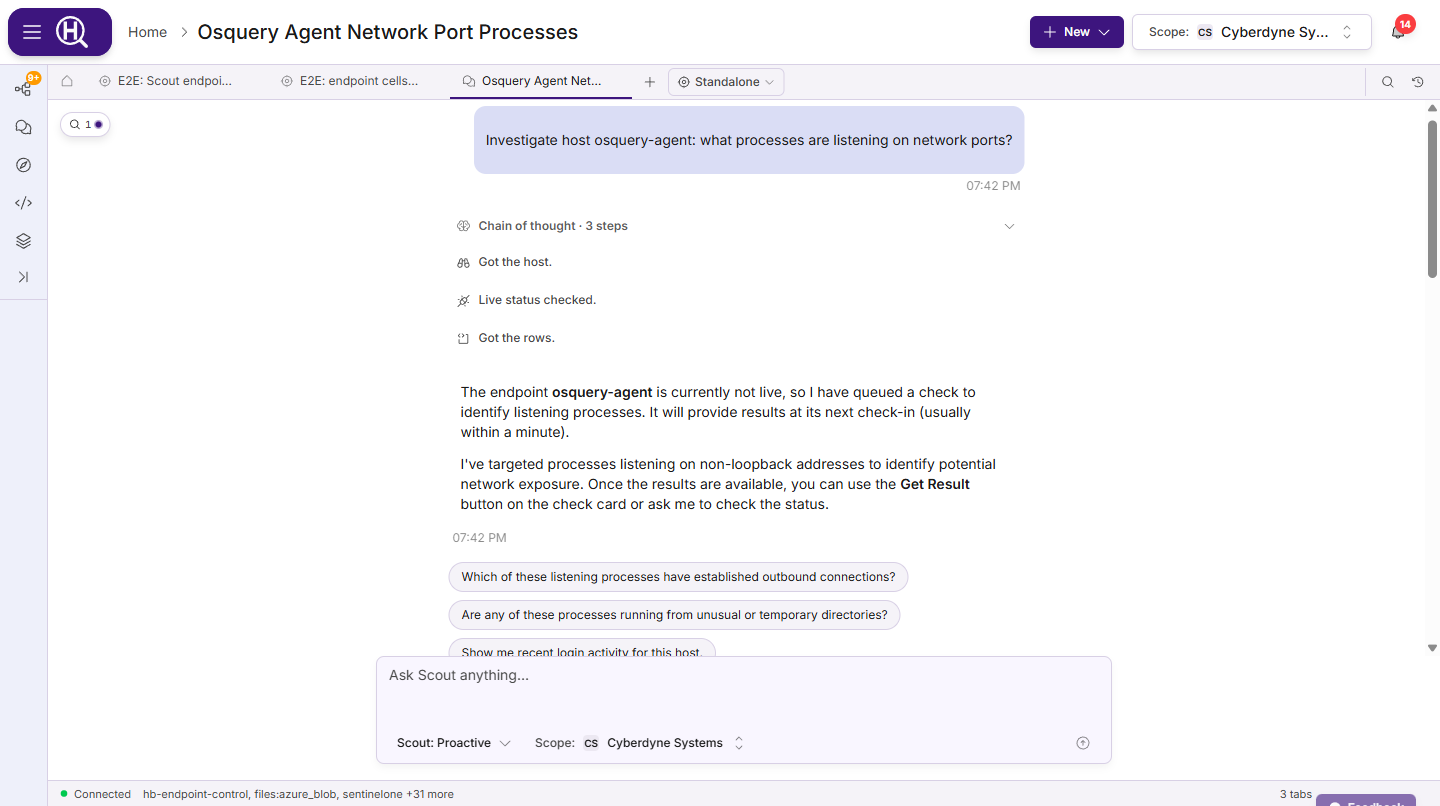 A Scout chat about osquery-agent with the chain of thought open on its endpoint steps: Got the host, Live status checked and Got the rows, followed by Scout's answer