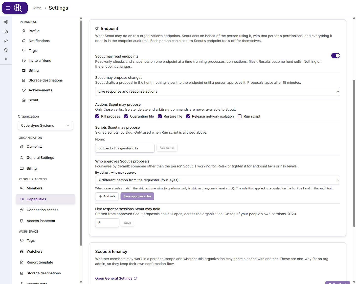 Capabilities › Endpoint card: Scout may read endpoints on, proposals set to Live response and response actions, four actions ticked, the scripts list, the default approver set to four-eyes, and the live response session limit