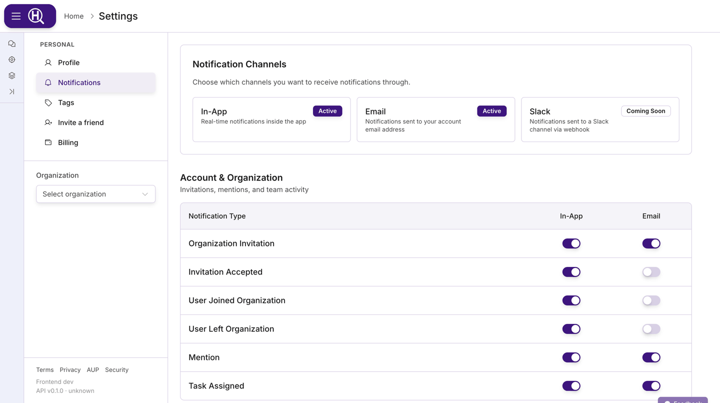 Notification Channels cards followed by the per-category preference matrix