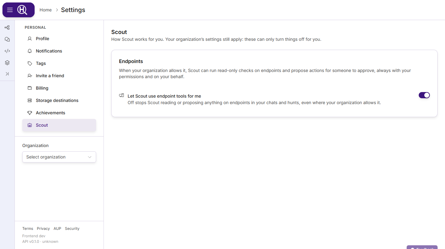 Settings › Personal › Scout with the Endpoints card and the Let Scout use endpoint tools for me switch on