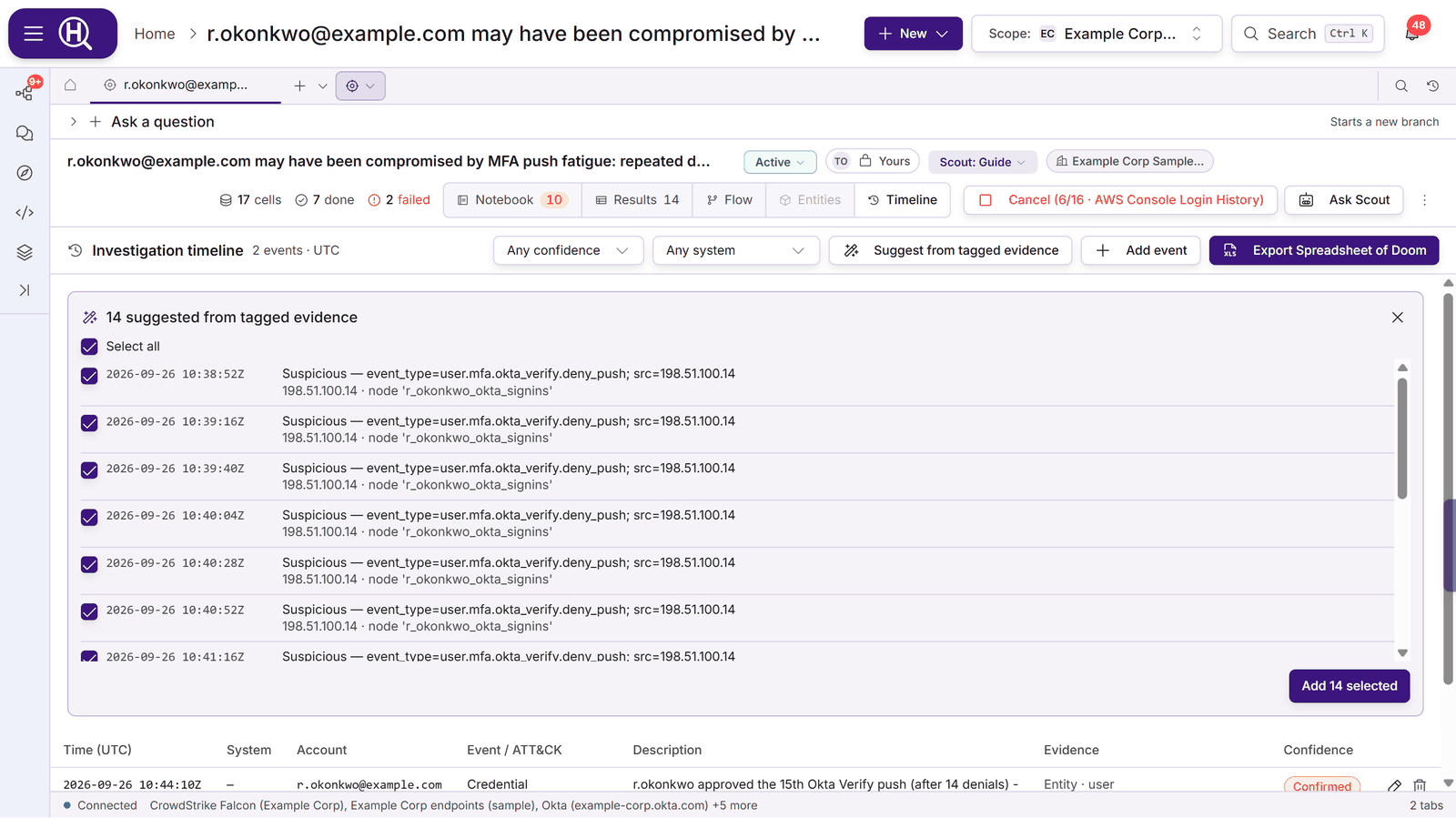 A panel of 14 events suggested from tagged evidence, each with a checkbox, its time and the tag and values it came from, above Add 14 selected