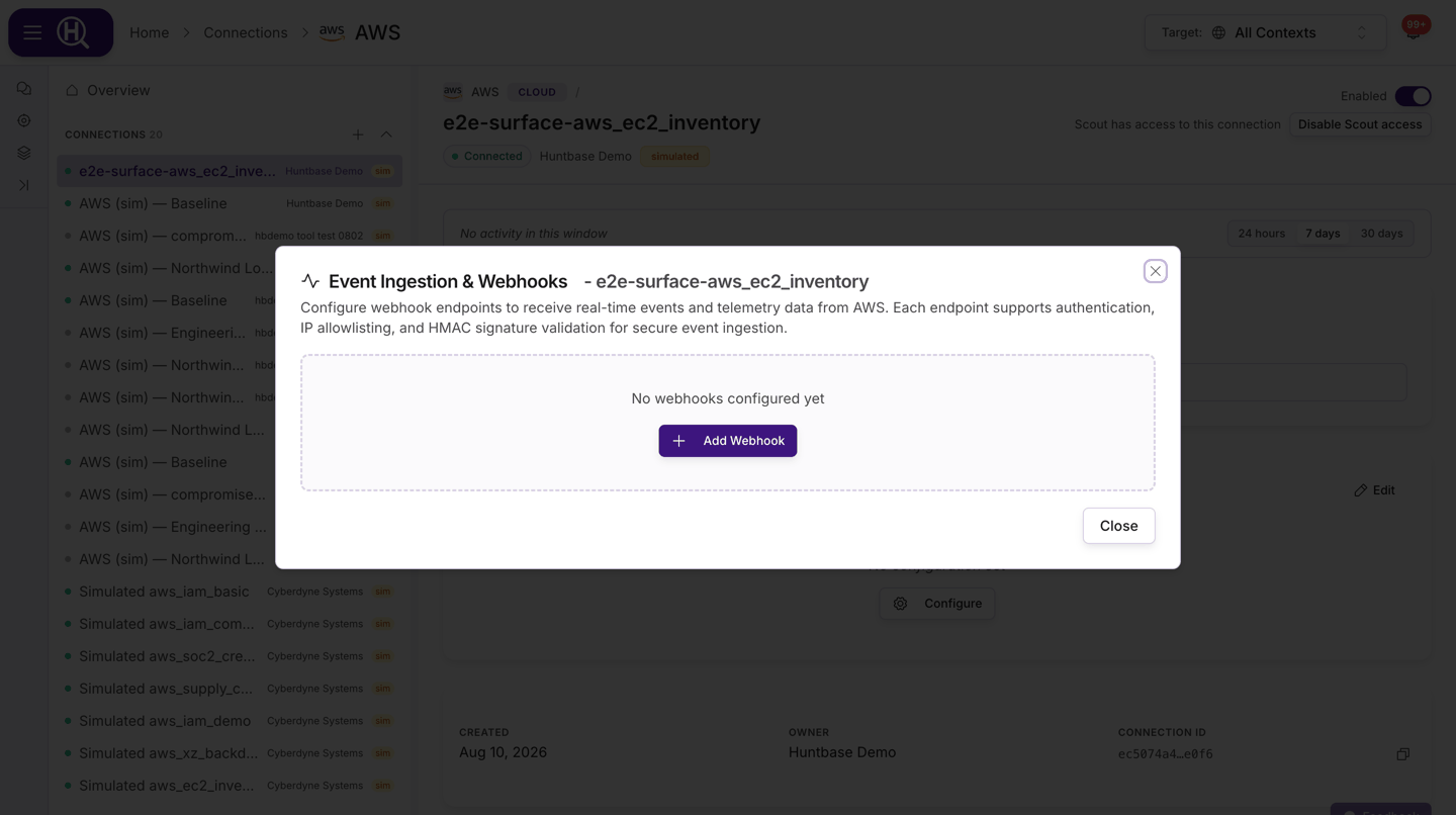 Event Ingestion &amp; Webhooks modal showing the endpoint table with an ingest URL, status, auth, health and action icons